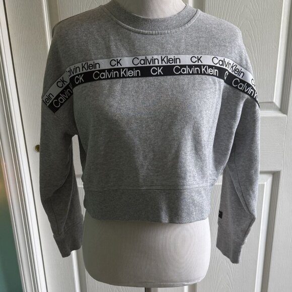 Calvin Klein Performance Gray Logo Tape Cropped Sweatshirt Womens Small - Picture 1 of 4